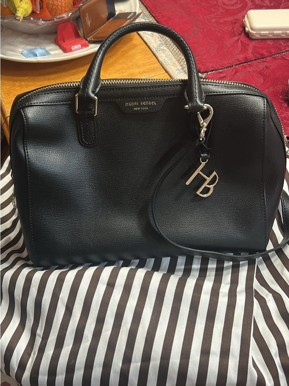 henri bendel Black Leather Top-Handle Satchel with HB Charm
